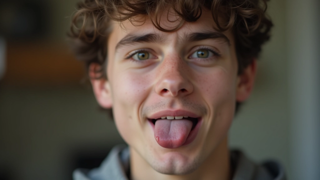 Mladý muž v blízké tváři s viditelným tvořením zvuku TH s jazykem mezi zuby