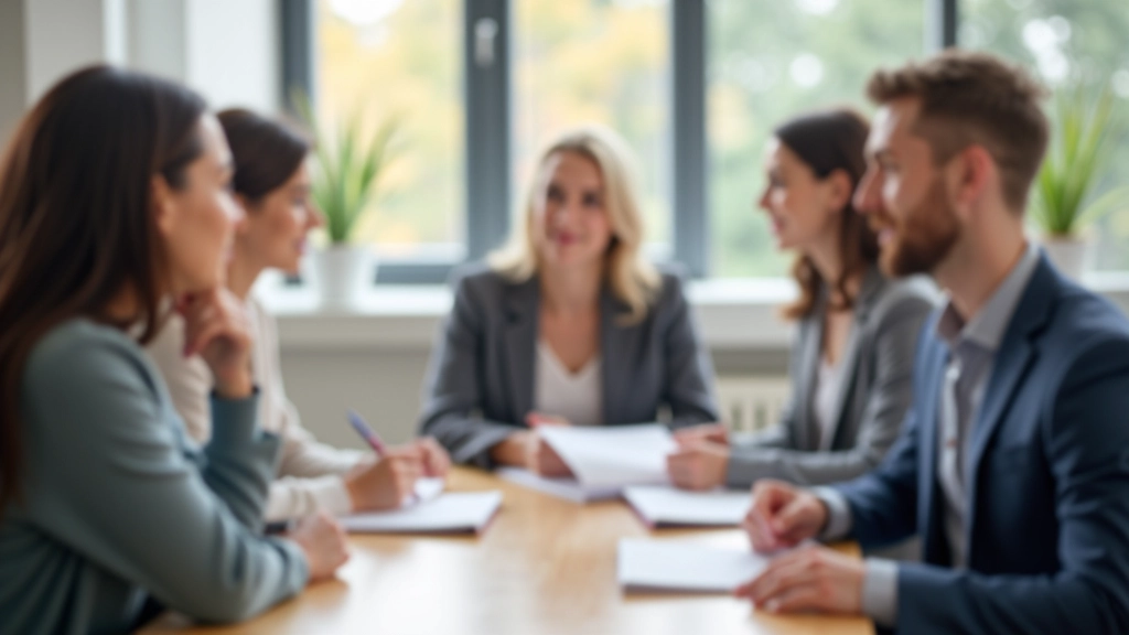 Lidé v pracovní místnosti diskutují u stolu s notebooky