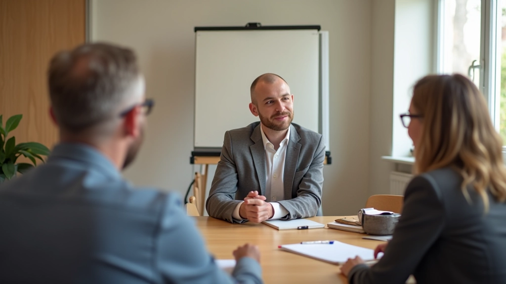 Učitel anglického jazyka vedoucí interaktivní lekcí s skupinou dospělých studentů