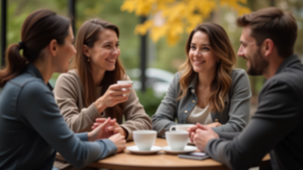 Čtyři lidé sedí v kruhu a diskutují s kávou v ruce