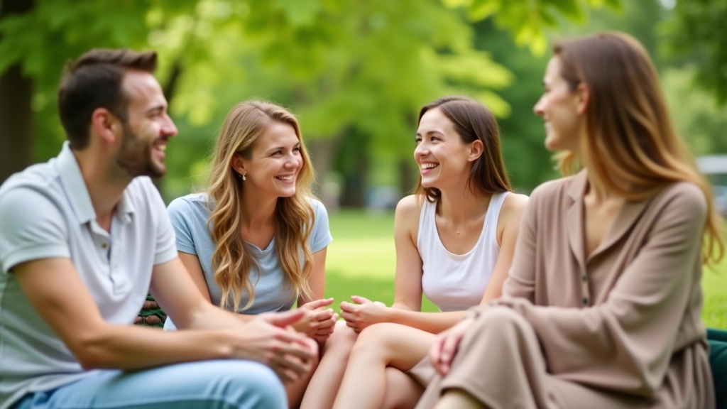 Skupina čtyř přátel se smějí a mluví spolu v parku v létě