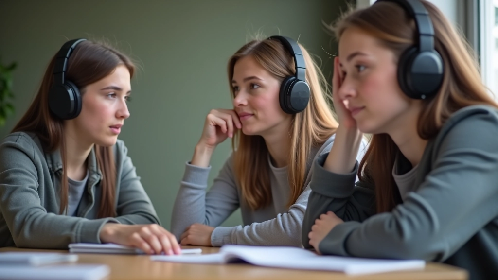 Studenti ve třídě poslouchají audio s fokusem na přízvuk a intonaci anglických slov