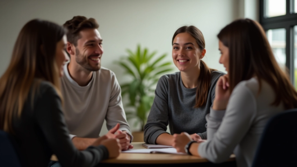 Skupina studentů sedí v kruhu a mluví anglicky s úsměvem na tvářích
