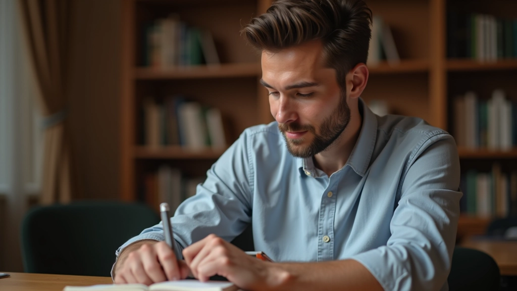 Muž si dělá poznámky a čte knihu o angličtině