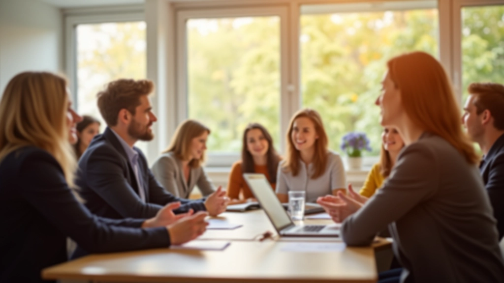 Moderní školící prostor se studenty procvičujícími anglickou konverzaci