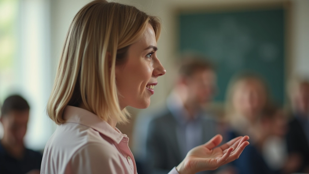 Žena učitel při výuce samohlásek s viditelnou pozicí rtů a jazyka v profilu