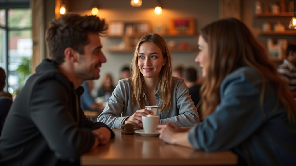 Tři lidé sedí v kavárnách a mluví spolu s kávou