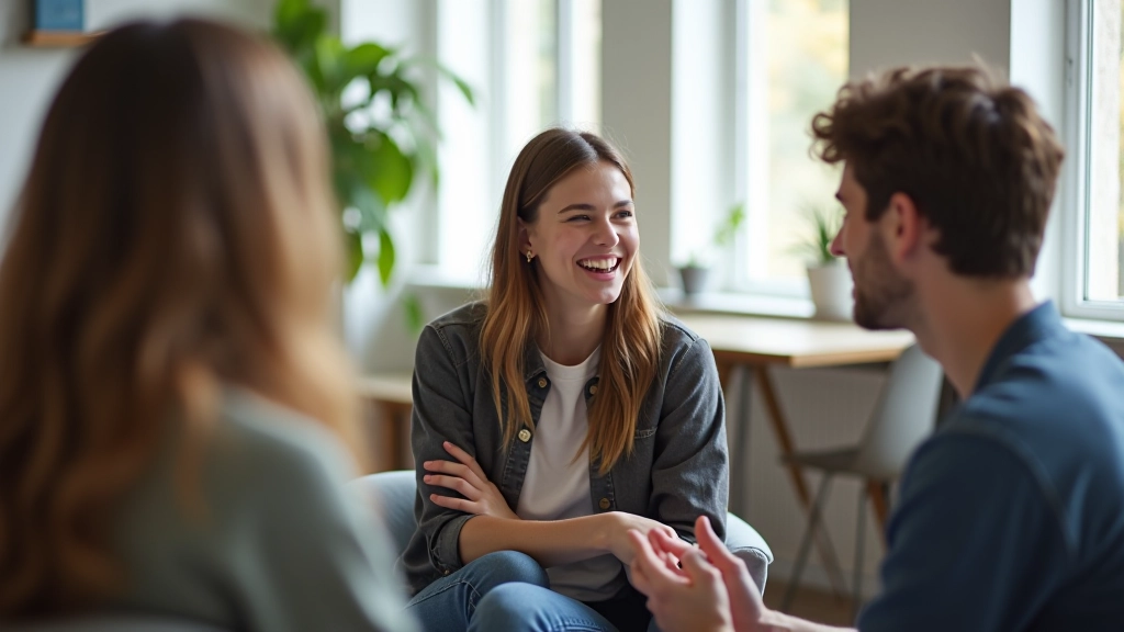 Tři mladí dospělí sedí v kruhu a baví se anglicky
