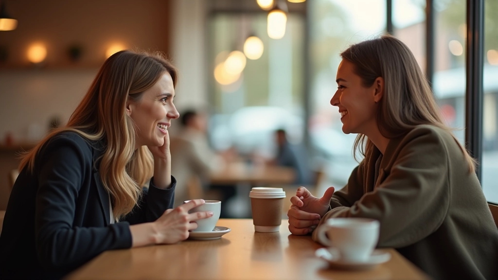 Dva lidé sedí u stolu a vedou konverzaci s šálky na stole