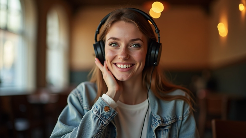 Mladá žena s sluchátky sedí v kavárně a usmívá se, poslouchá angličtinu z podcastu